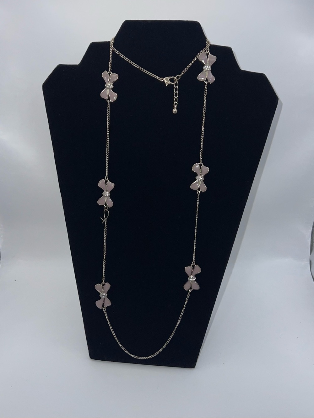 Silver Tone LongStation Necklace Light Purple Bows